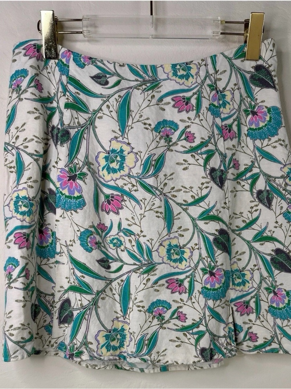LOFT White Floral Circle Skirt with Teal & Pink Accents